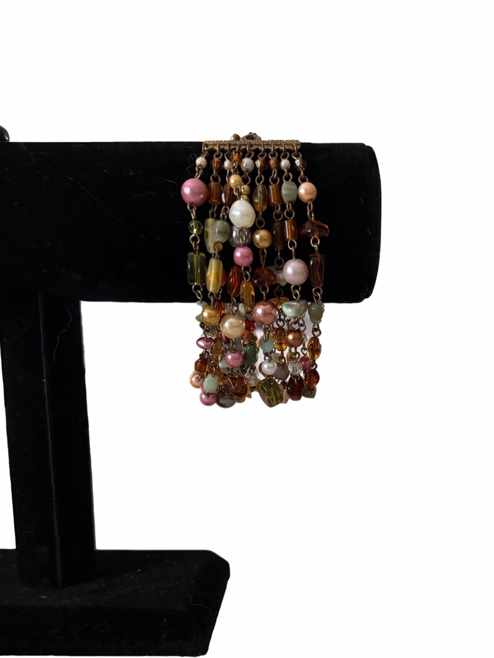 Boho Multi-Strand Beaded Bracelet | Bronze Tone | Faux Pearl & Mixed Beads
